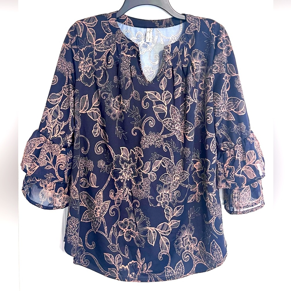 PerSeption Concept Blue and Tan Blouse